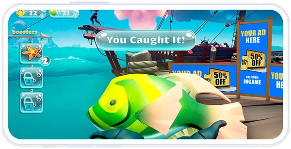 mobile device with a fishing game shown with an in-game ad unit