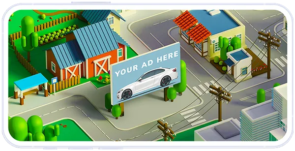 mobile device showing a city builder game with an in-game ad unit