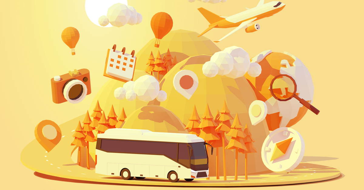 Graphic of a bus traveling through a landscape of advertisments