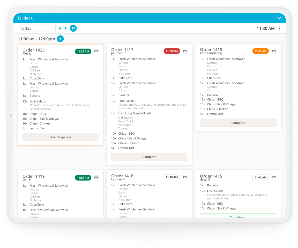 Tablet view of FoodStorm's Real-Time ordering functionality