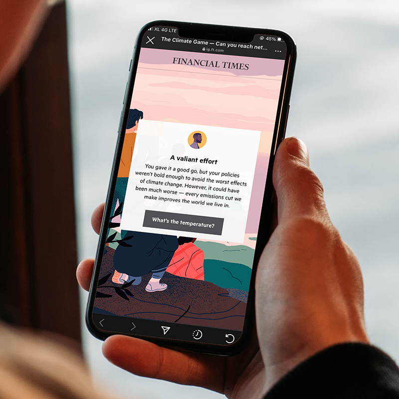 Person looking at their smartphone with the Climate Change game from Financial Times