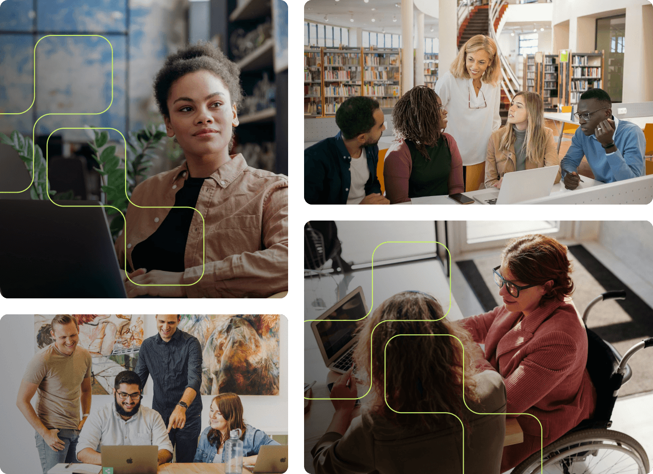 A collage of photos of people in a library.