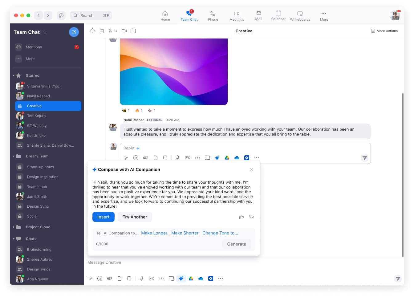 AI Companion vous aide à rédiger vos messages dans Zoom Team Chat