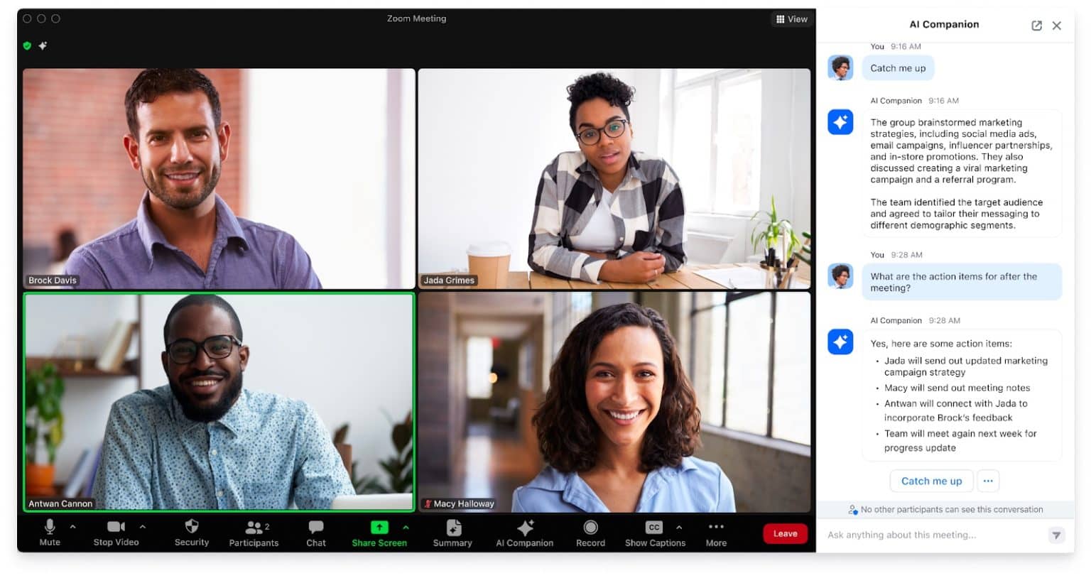AI Companion can provide a recap and identify action items from a meeting in progress.