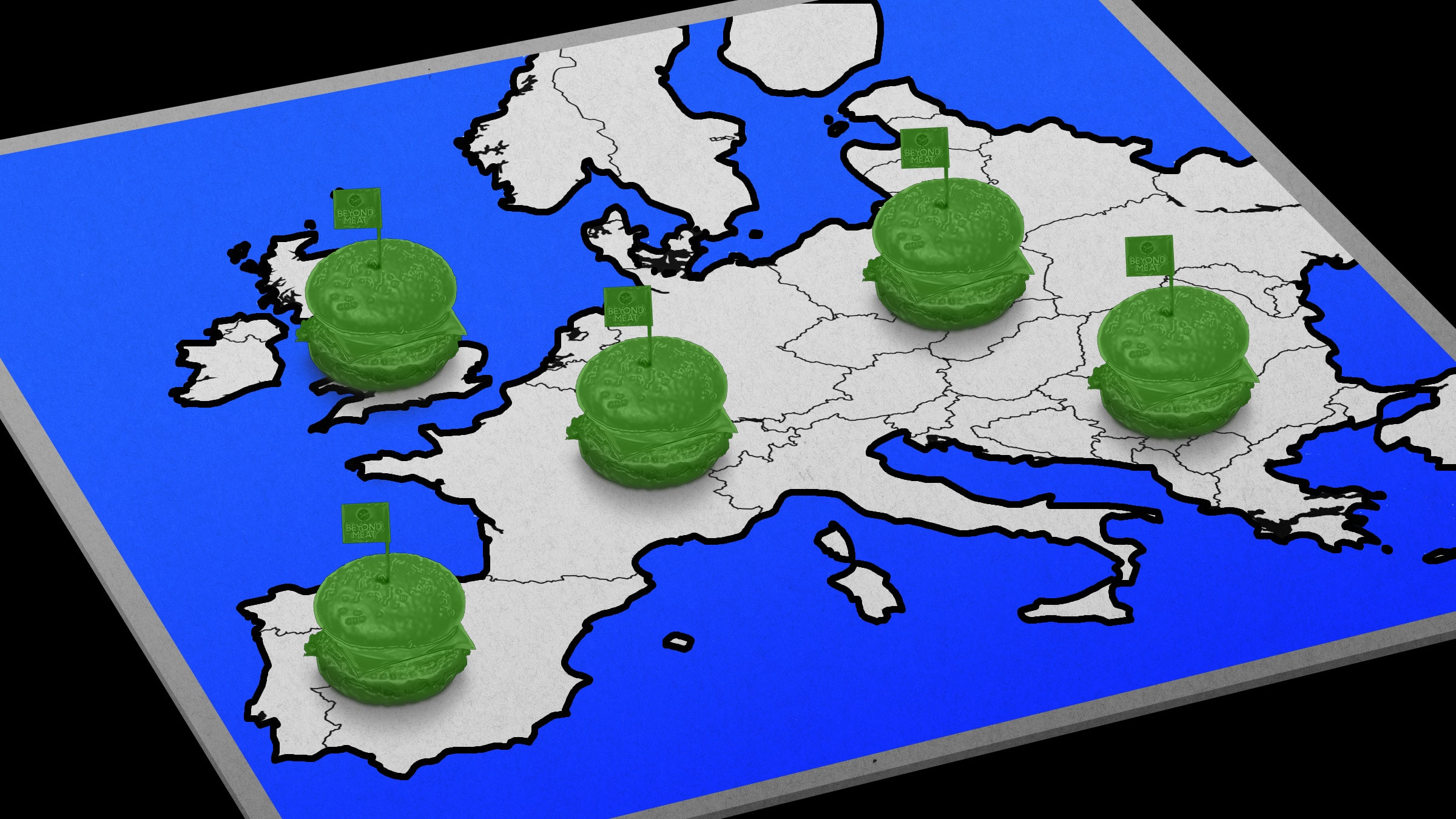 Illustration of a game board with a map of Europe and Beyond Meat burger player pieces