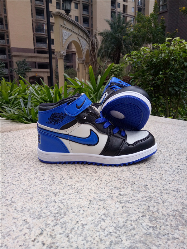 Kids Air Jordan 1 Strap Blue Black White Shoes