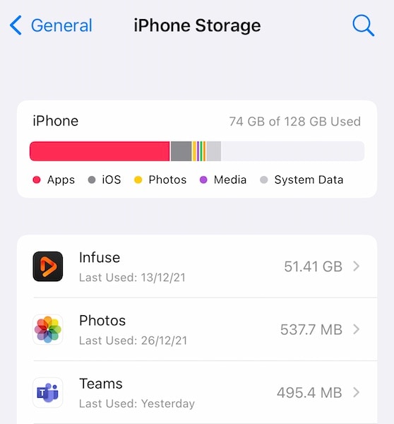 iphone storage information