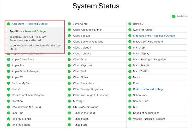 apple system status page