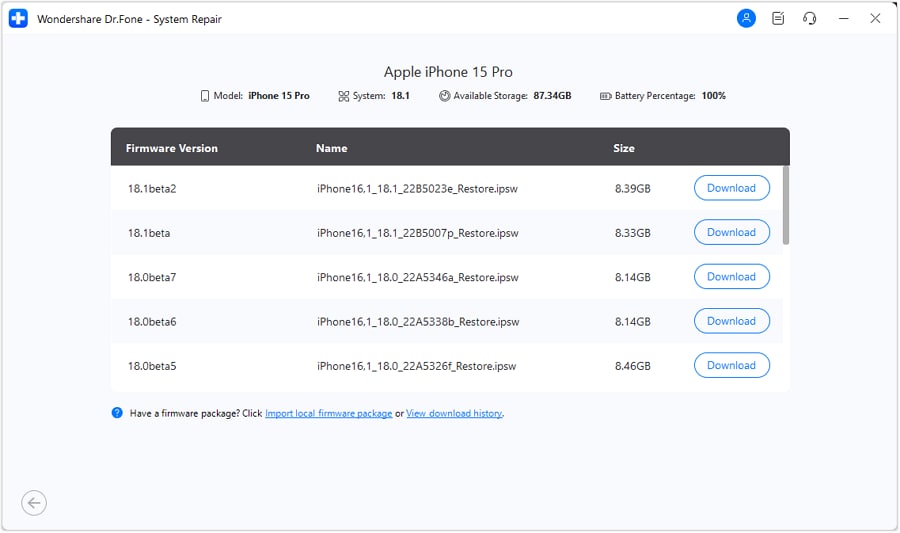 select the firmware to downgrade ios