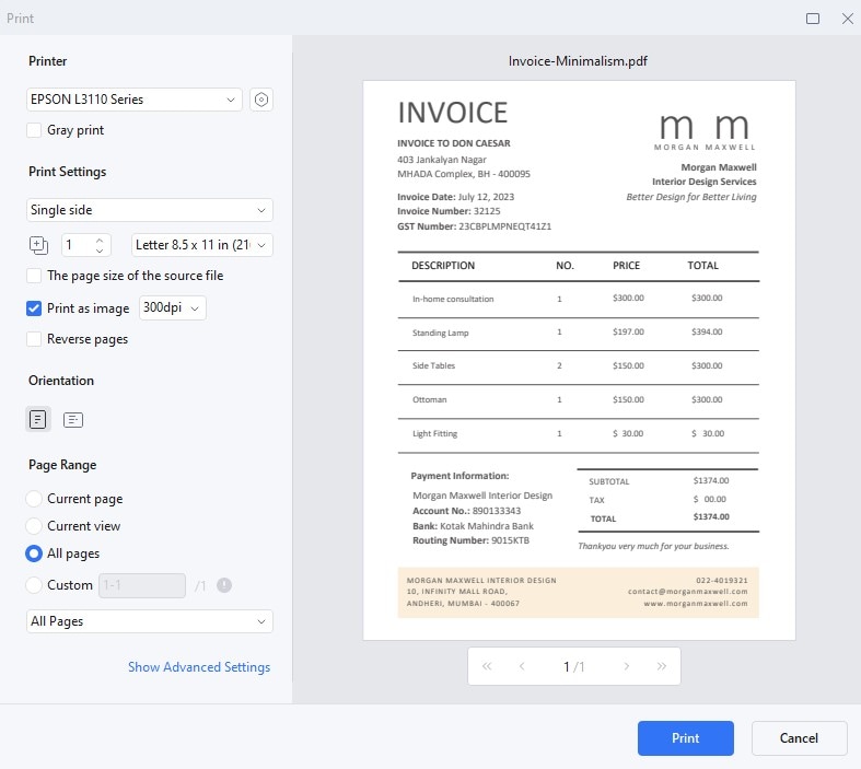 pdfelement print invoice