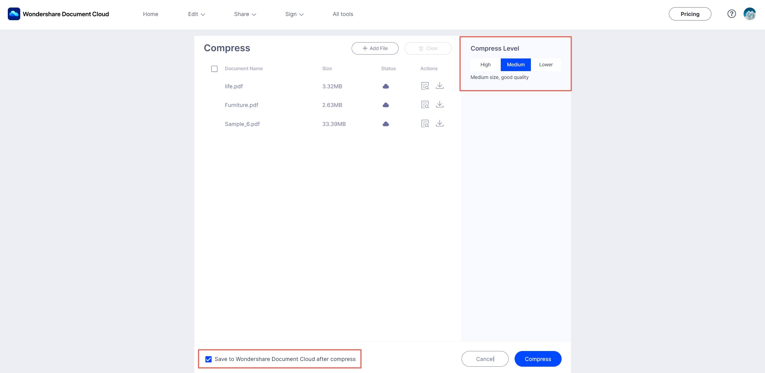 online pdf compressor setting