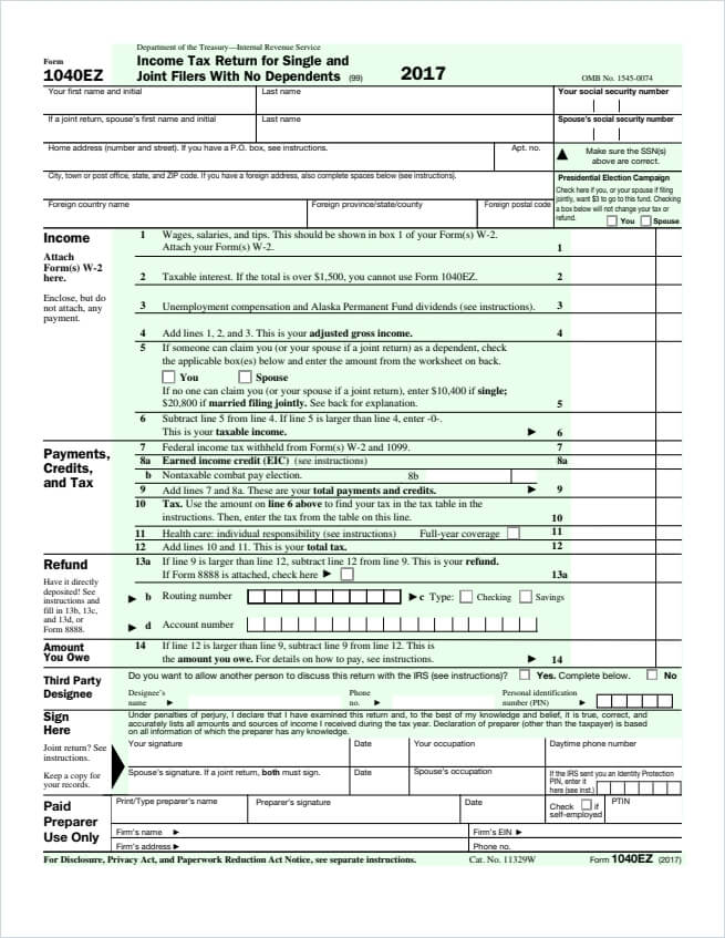 1040EZ - Free Download, Create, Edit, Fill and Print PDF