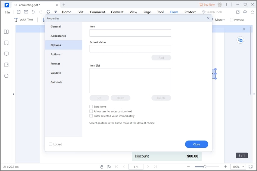 pdfelement combo box settings