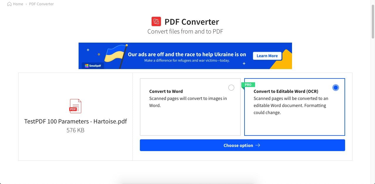 Sobald es hochgeladen ist, sehen Sie zwei Optionen - In Word konvertieren und In bearbeitbares Word konvertieren - wählen Sie die zweite Option.