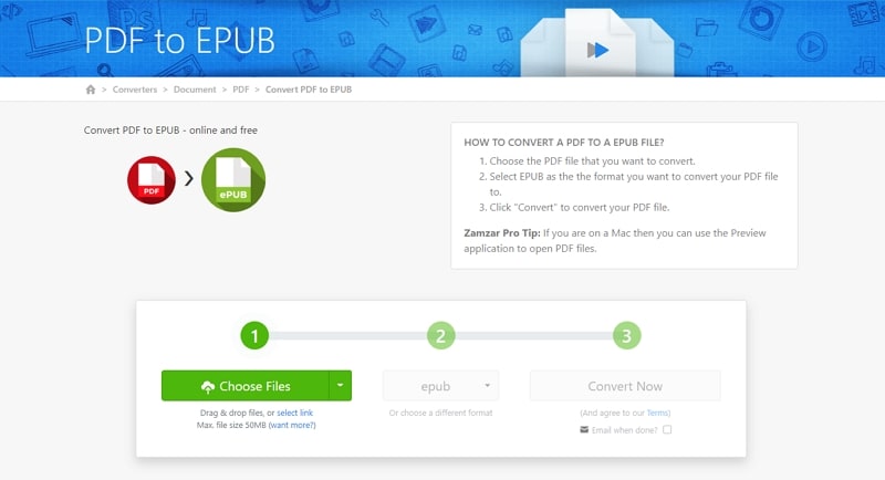 convert pdf to epub with zamzar
