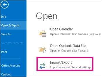 configuración de los ajustes de importación/exportación de outlook