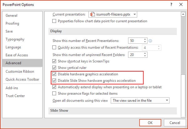 disable slideshow hardware graphics acceleration