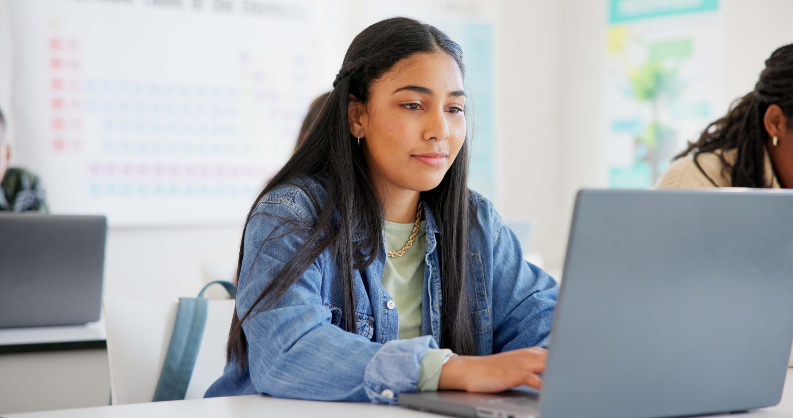 woman with long dark hair sitting facing a laptop screen doing research; credit: Jacob Wackerhausen