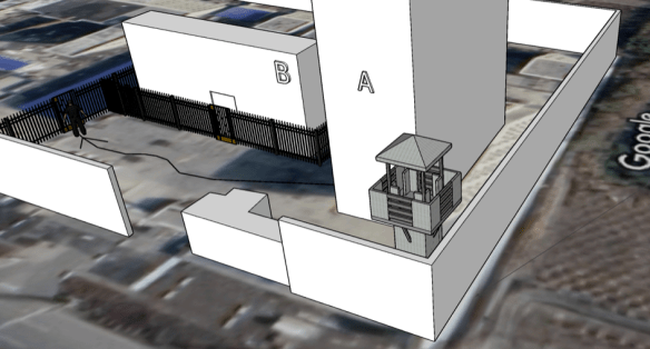 D model of the compound. Building A is the structure with the classroom shown in figure 14. According to the witness, building B had a sign titled “police officer administrative building” (jingguan bangong lou 警官办公楼). Yet another building, left of building B and visible in the lower left corner of figure 12, is used for interrogations (its basement bearing the label “interrogation room”(xunwen shi 询问室)