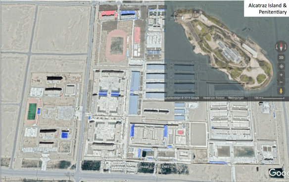 A satellite image comparing the Hotan Legal System Education and Training Center (June 2019) with the size of Alcatraz island and its Federal Penitentiary.