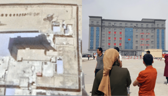 The photograph depicts the single-building Hotan internment camp with a woman and child in the foreground with their backs turned to the camera.