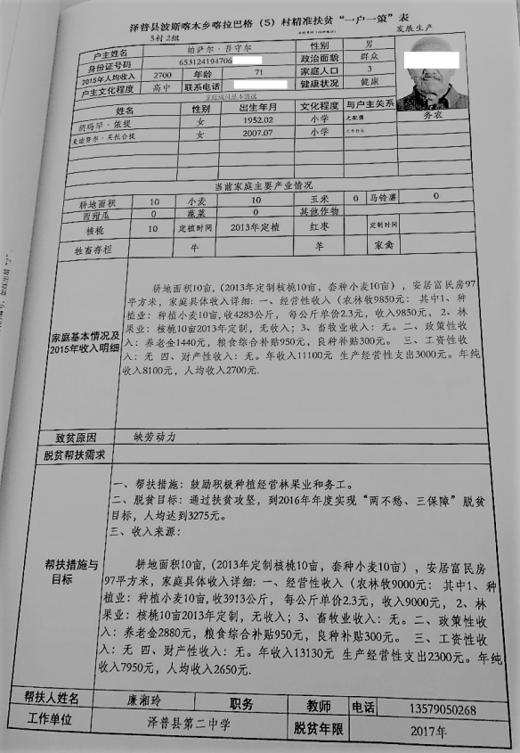 A detailed individual entry with photo, showing the poverty alleviation situation and related poverty alleviation strategies and goals for the household headed by this Uyghur from Zepu County. The last digits of the ID number were redacted for privacy reasons. 