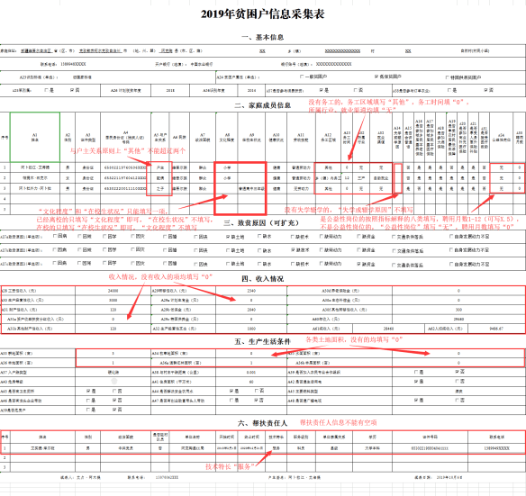 A 2019 poor households information gathering form written in characters.