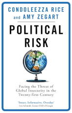 The image shows the cover of a book titled "Political Risk: Facing the Threat of Global Insecurity in the Twenty-First Century." The authors listed at the top are Condoleezza Rice and Amy Zegart. The cover features a globe, cracked open in the middle, revealing a fragmented and divided world map. At the bottom, there is a quote from Eric Schmidt, the former CEO of Google, praising the book as "Smart. Informative. Overdue." The overall design is clean, with a predominantly white background and blue and black text.