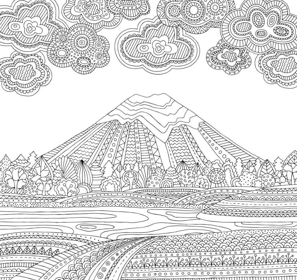 Coloring page featuring a mountain with clouds overhead and a valley below