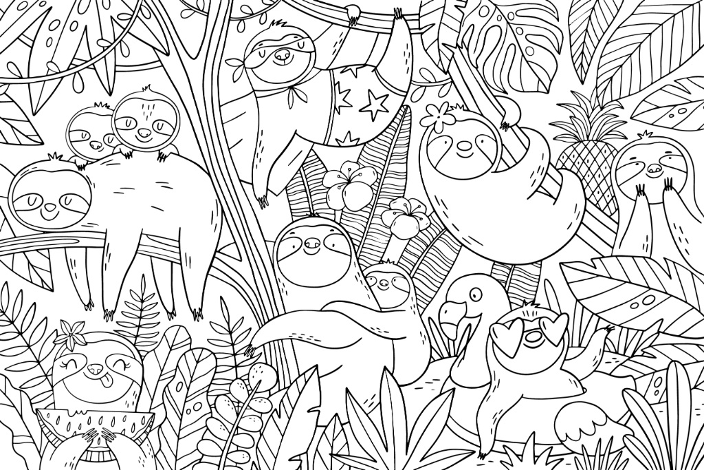 Coloring page with cute sloths in the jungle