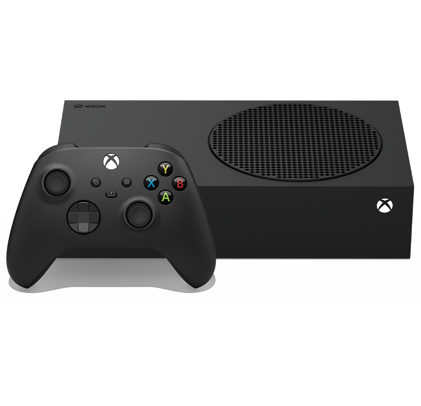 Front angle of the Xbox Series S – 1 TB (Black) with an Xbox wireless controller.