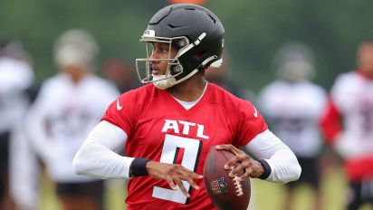 Getty Images - FLOWERY BRANCH, GEORGIA - MAY 14:  Quarterback Michael Penix Jr. #9 of the Atlanta Falcons runs drills during OTA offseason workouts at the Atlanta Falcons training facility on May 14, 2024 in Flowery Branch, Georgia. (Photo by Kevin C. Cox/Getty Images)