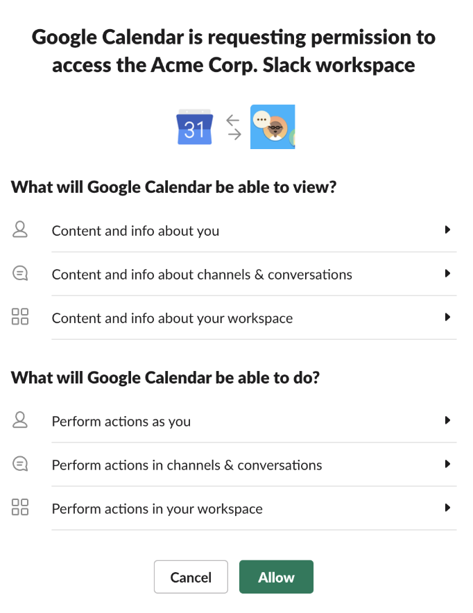 Autorizzazioni dell’app Google Calendar che mostrano i dati a cui l’app può accedere su Slack