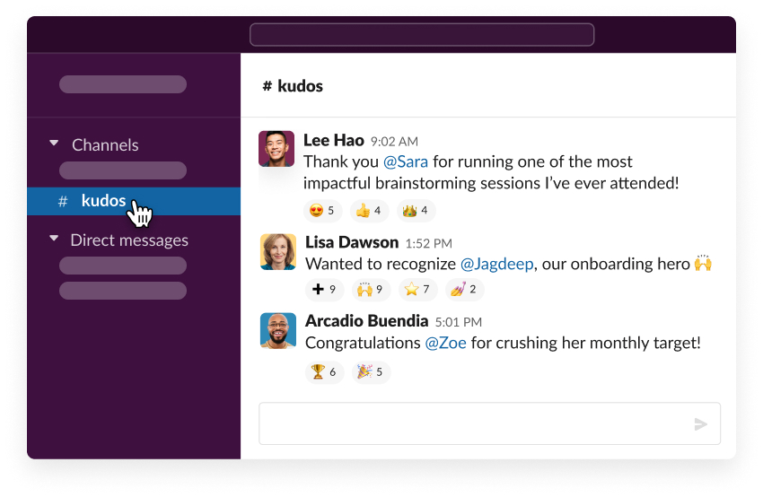 Des équipiers se félicitent mutuellement dans un canal Slack