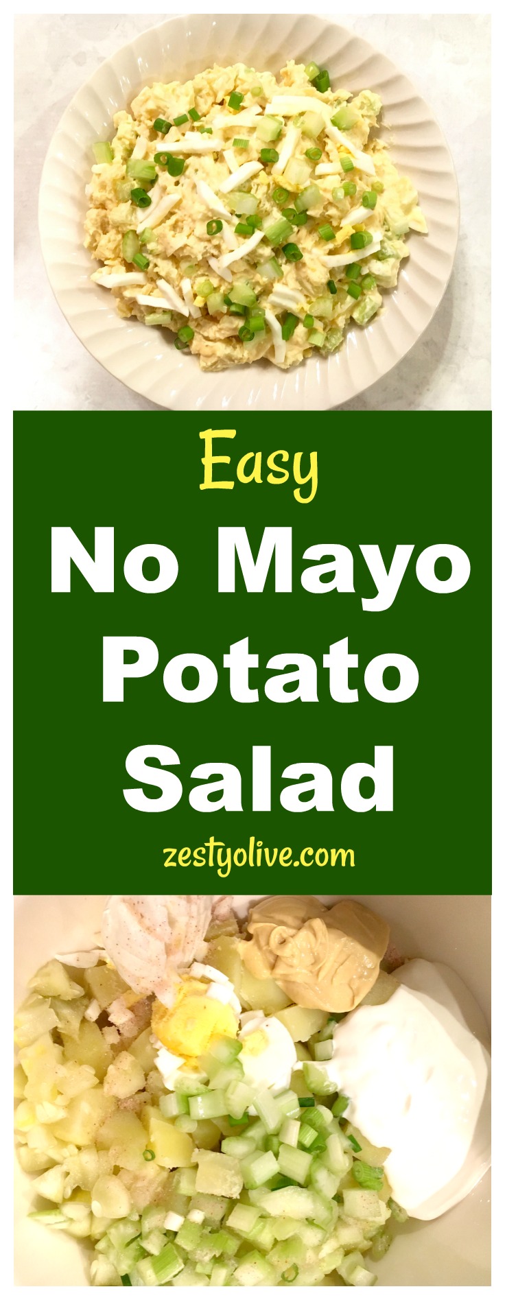 This Easy No Mayo Potato Salad Recipe is will become a favorite at your next picnic, BBQ or potluck. This potato salad is elevated by the spicy addition of Dijon mustard. Sour cream replaces the mayonnaise and the addition of egg, celery, green onions and dill pickle make this a zesty potato salad worthy of your next gathering.