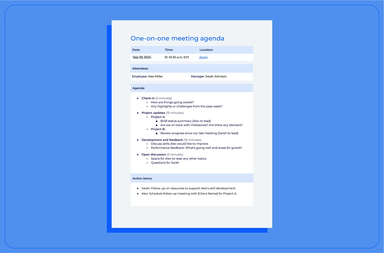 A one-on-one meeting agenda template