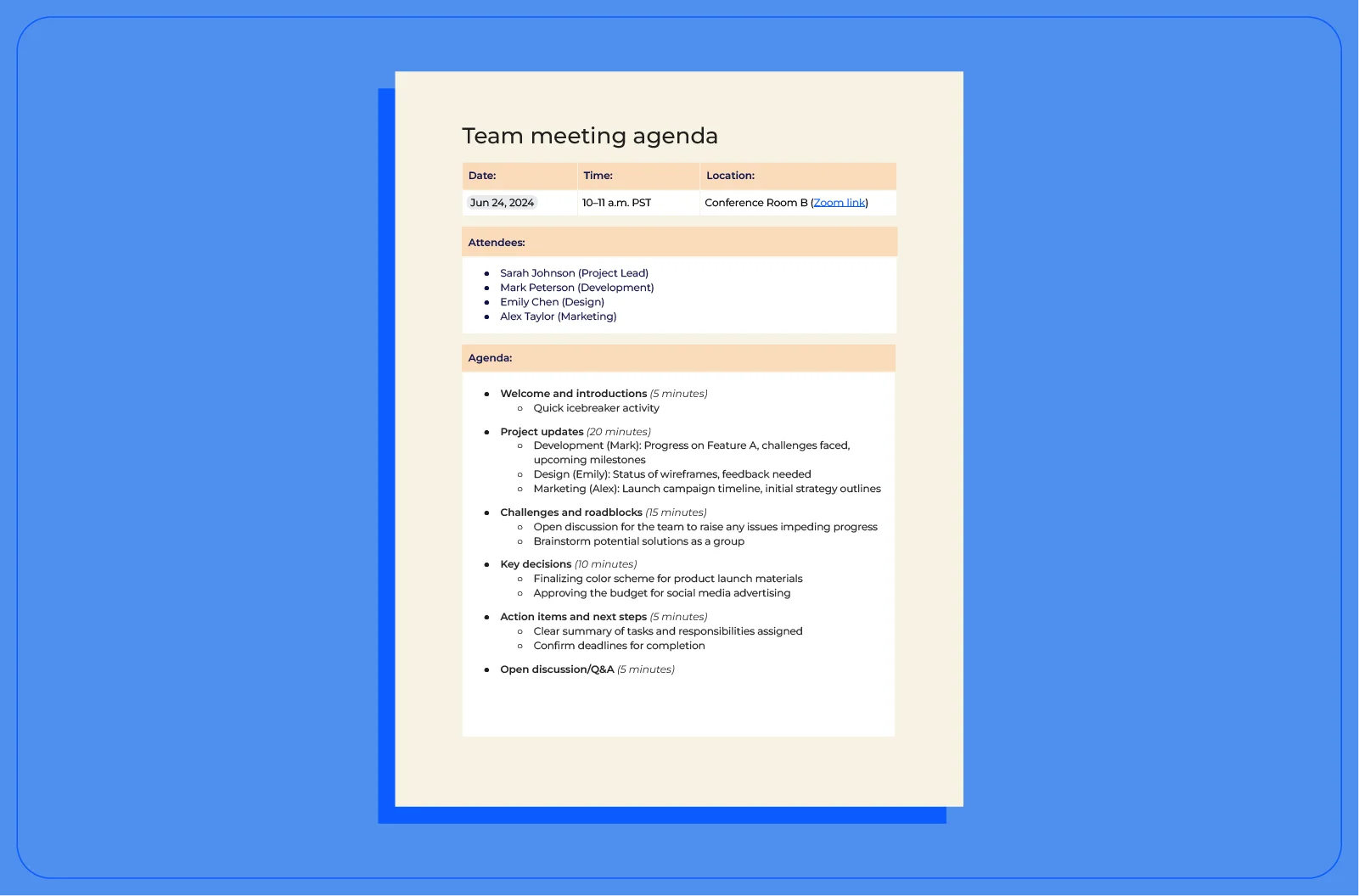 A team meeting agenda template