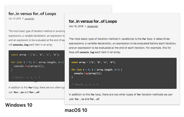 System fonts used on Windows 10 versus macOS 10