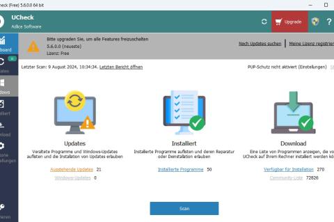 Im Dashboard von UCheck ist unter anderem abzulesen, wieviele der installierten Programme ein Update vertragen könnten.