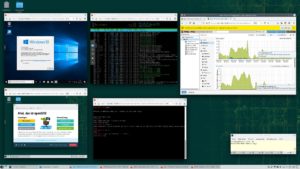 Abbildung 1: Bei den f&uuml;nf gro&szlig;en Fenstern in diesem Bild handelt es sich um Browserfenster, in denen zwei Linux-VMs, eine Windows-VM, ein Linux-Container und die Proxmox-Oberfl&auml;che laufen.