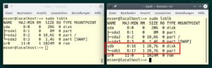 Abbildung 2: Nach dem Einstecken des USB-Sticks findet Lsblk zus&auml;tzliche Ger&auml;tedateien &ndash; hier <code>/dev/sdb</code> mit der Partition <code>/dev/sdb1</code>.