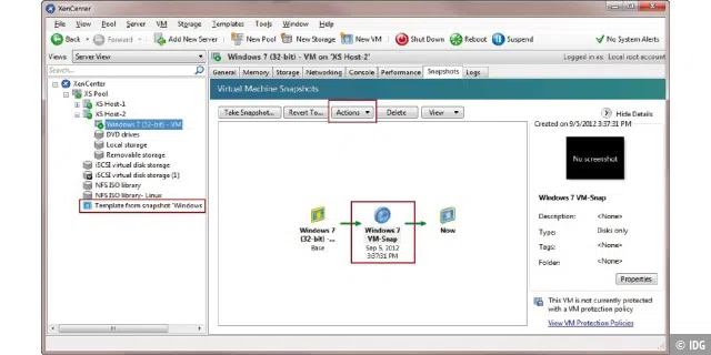 Von den eingerichteten virtuellen Maschinen kann der Administrator über das Xen Center im Live-Betrieb Backups in Form von Snapshots erstellen. Diese speichern den aktuellen Zustand des Systems.