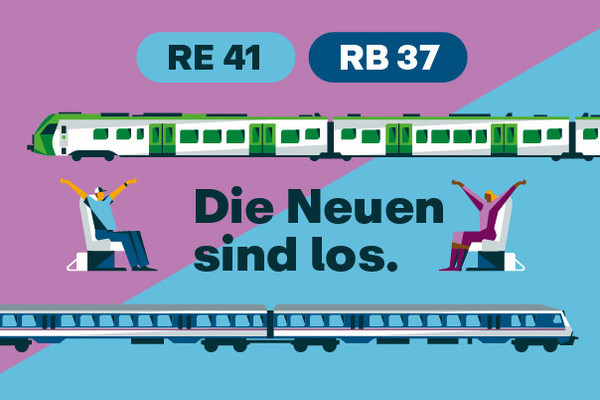 Illustration mit RE 41 und RB 37, zwei Zügen und sitzenden Fahrgästen, die die Hände in die Luft strecken, in der Mitte der Schriftzug "Die Neuen sind los"