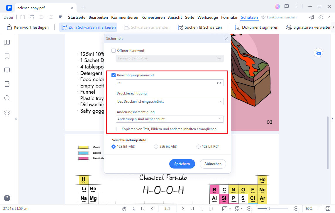 Wenn Sie Ihr PDF vor dem Kopieren schützen möchten, müssen Sie die Option „Kopieren von Text, Bildern und anderen Inhalten ermöglichen“ nicht auswählen.