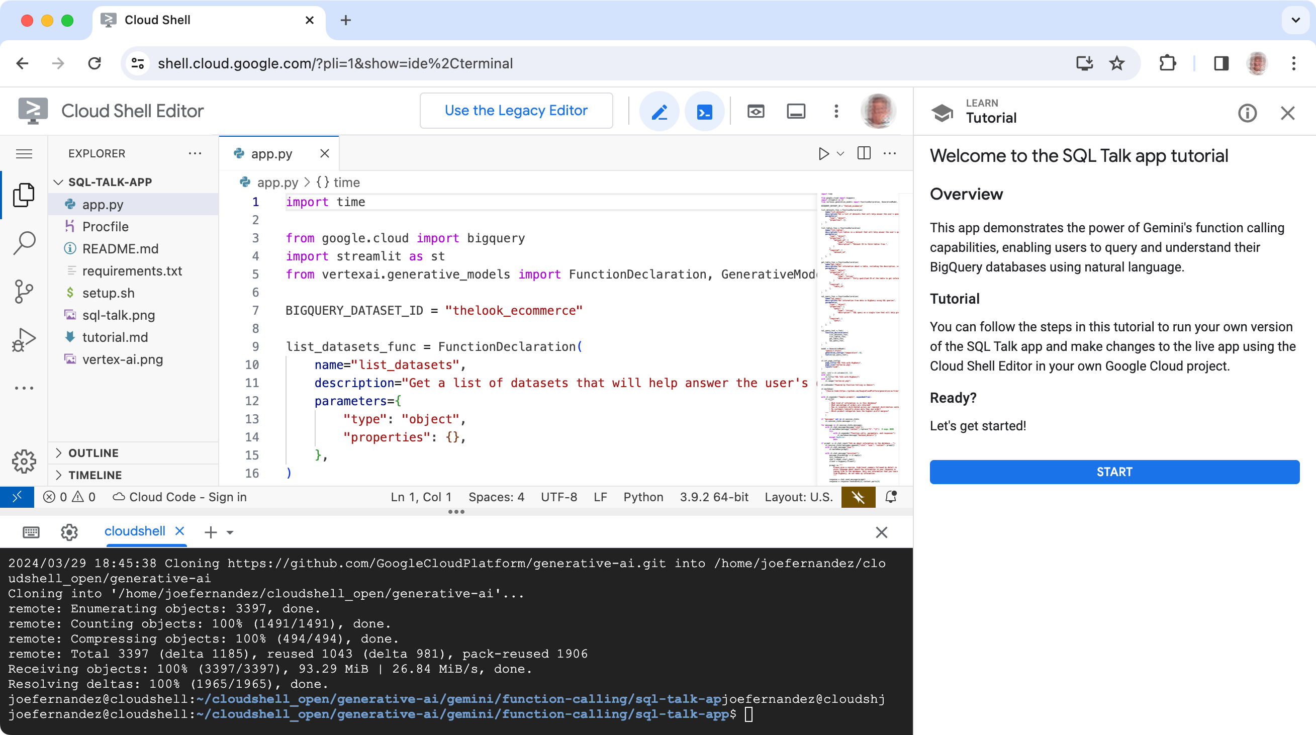 Google Cloud Shell Editor में, एसक्यूएल टॉक प्रोजेक्ट कोड दिखाया गया है