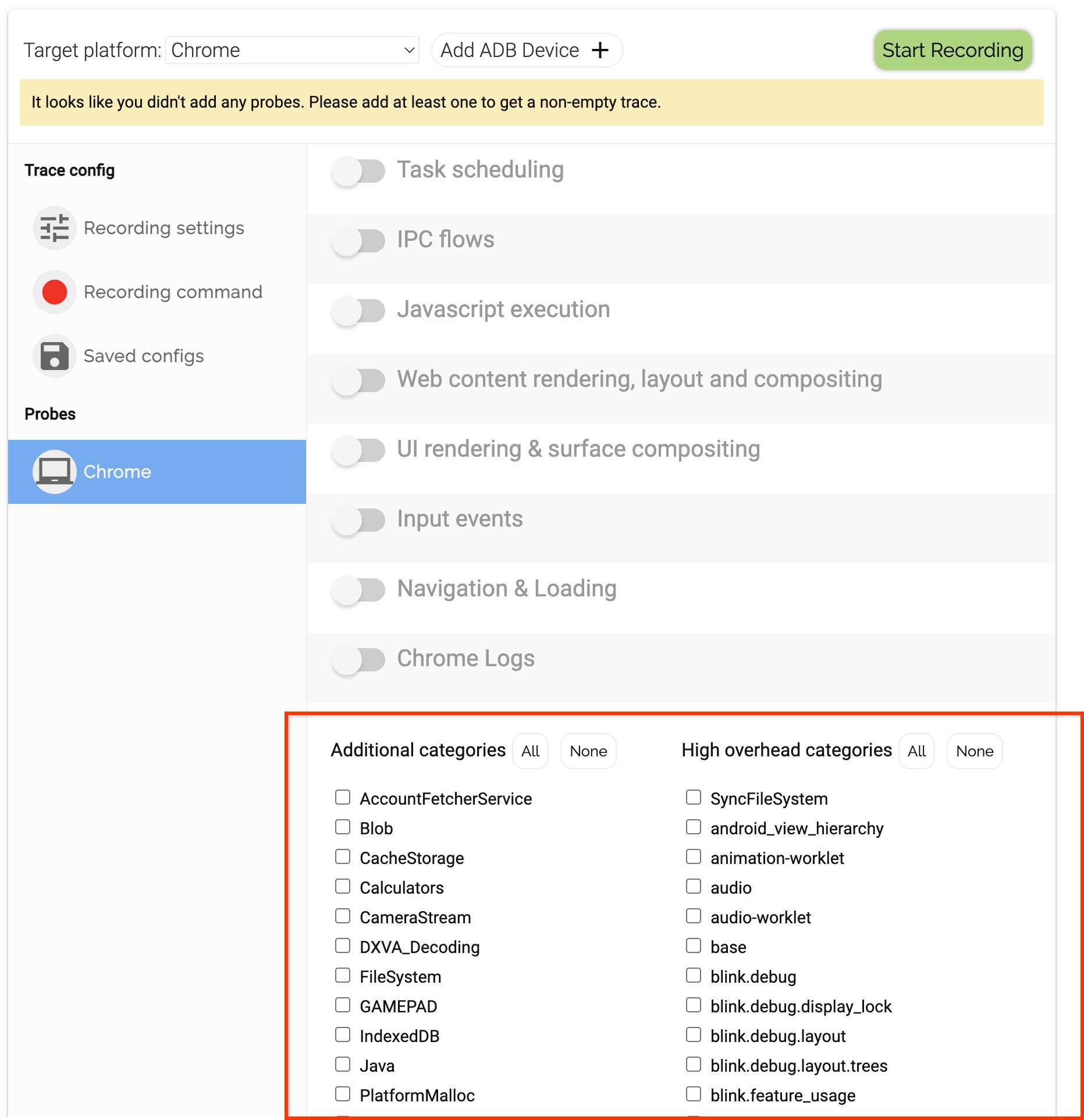 Tracing categories of Chrome