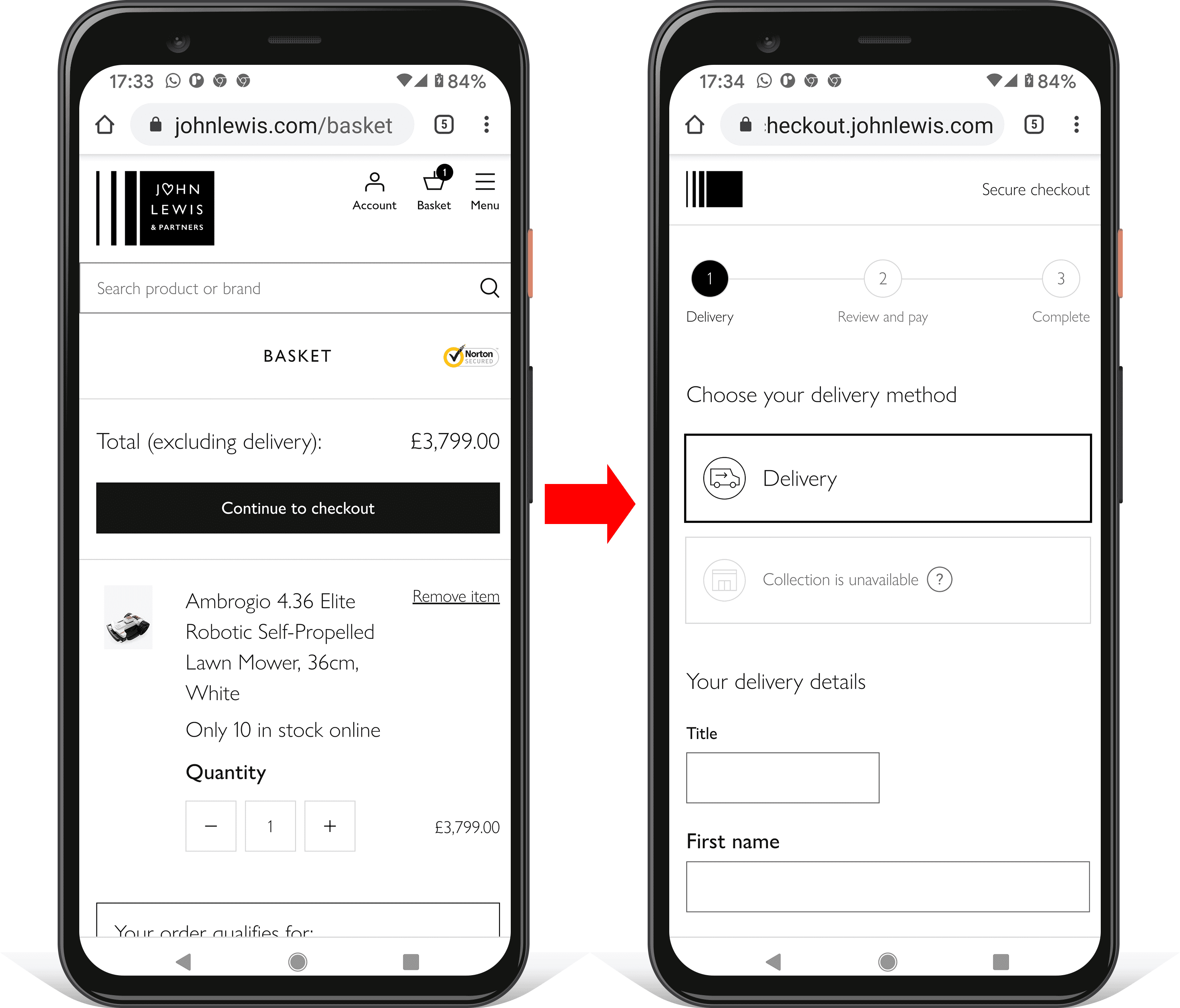 Deux captures d&#39;écran sur mobile montrant la progression via le règlement sur johnlewis.com. La recherche, la navigation et les autres éléments indésirables sont supprimés.