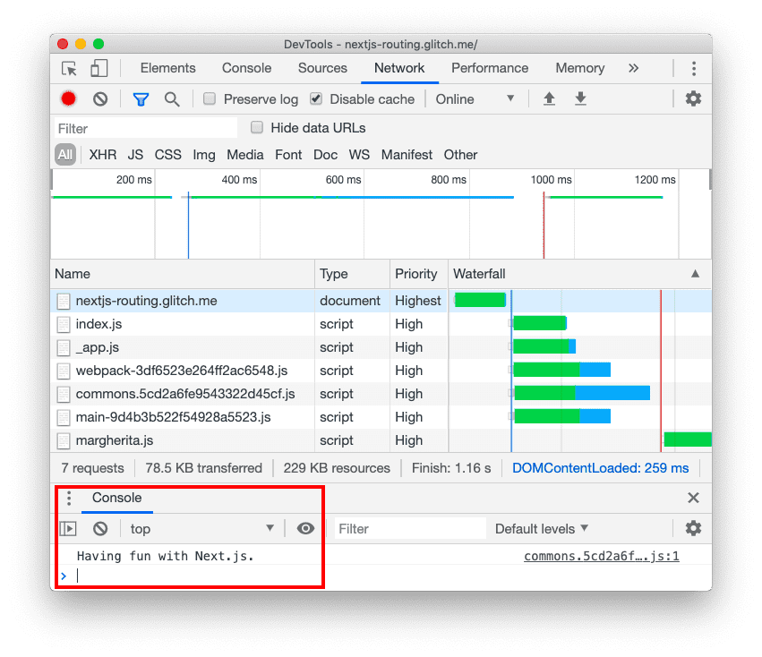 DevTools Console displaying the message 'Having fun with Next.js.'