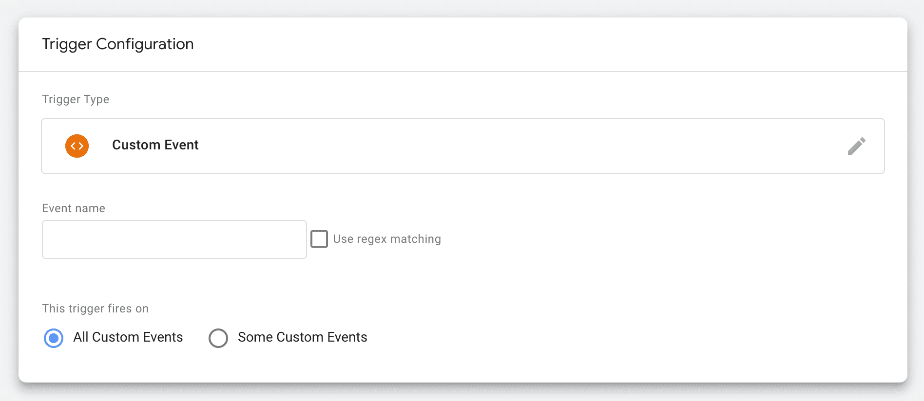 Screenshot of a Custom Event trigger in Google Tag Manager
