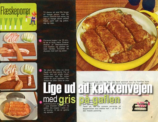 Collage with the original recipe from the recipebook 'Lige ud ad køkkenvejen med gris på gaflen' from the Danish eksport-svineslagteriernes sales union, probably sometime in the 1960'es.